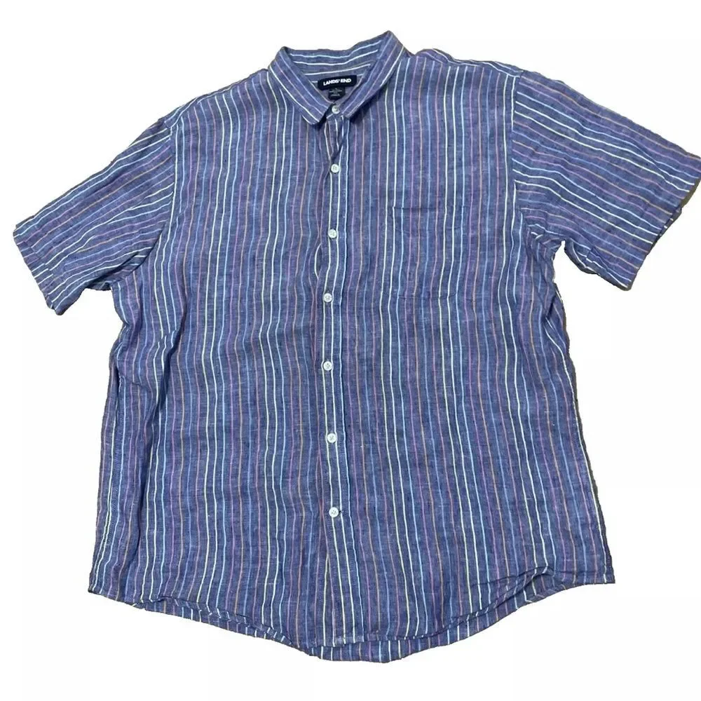 LANDS' END Linen Button Shirt Men L Traditional Fit Blue Vertical Stripe Rainbow